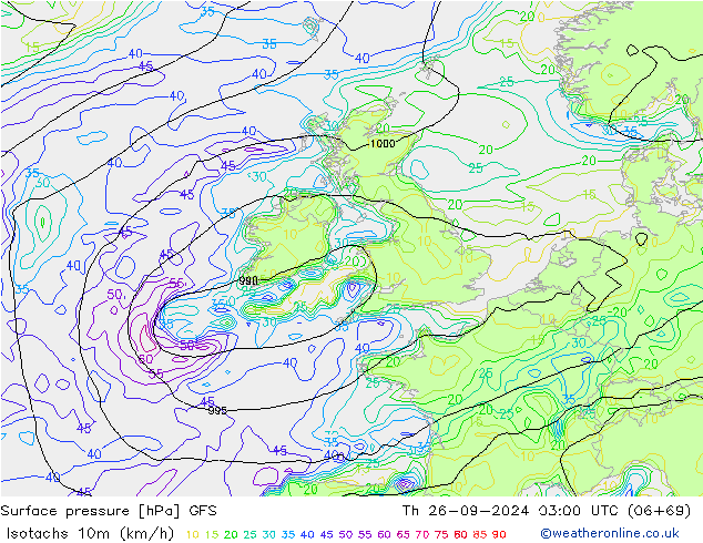 Isotachen (km/h) GFS do 26.09.2024 03 UTC