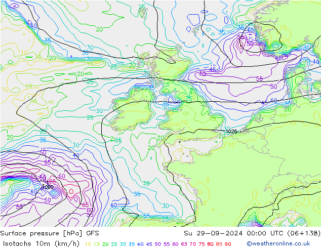 Isotachs (kph) GFS Su 29.09.2024 00 UTC