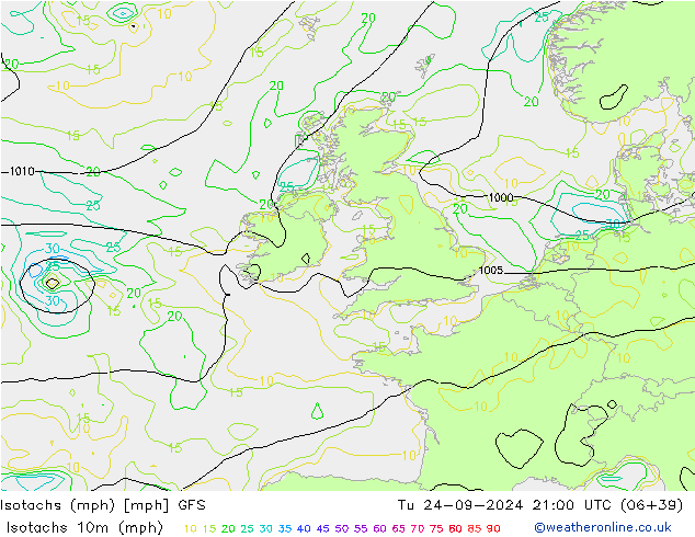 Isotachs (mph) GFS Tu 24.09.2024 21 UTC