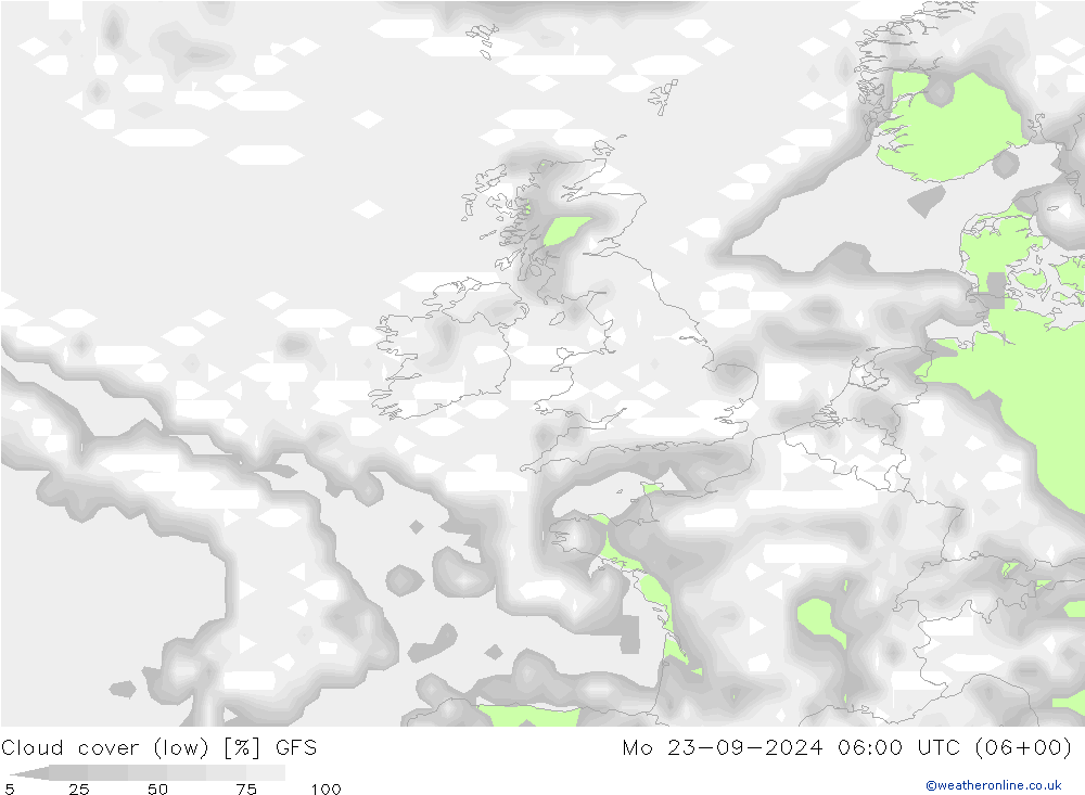 Cloud cover (low) GFS Mo 23.09.2024 06 UTC