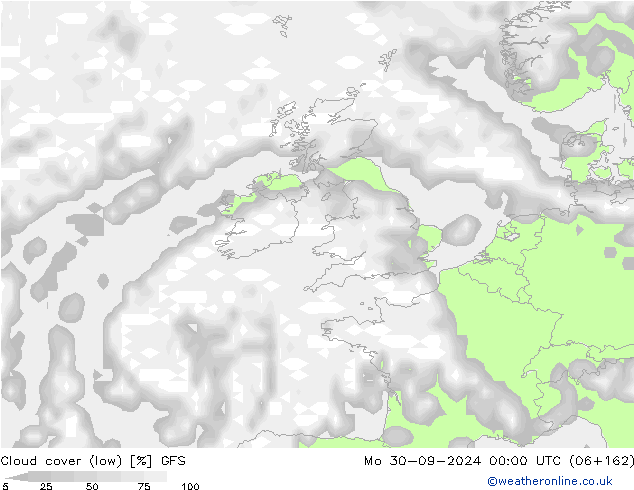 Cloud cover (low) GFS Mo 30.09.2024 00 UTC