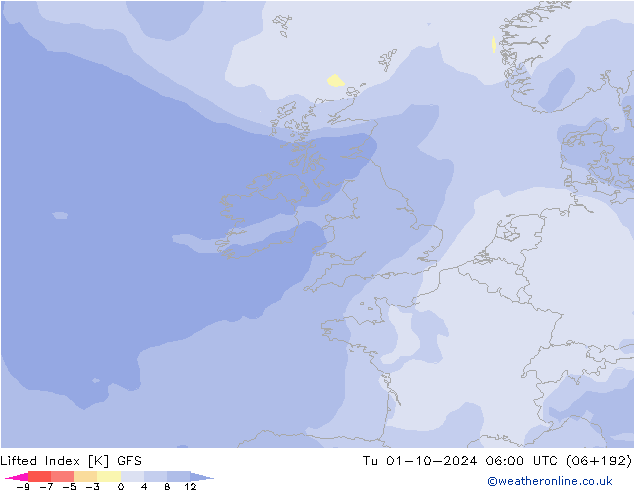 Lifted Index GFS wto. 01.10.2024 06 UTC