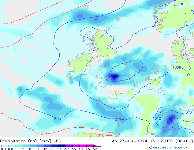 Prec 6h/Wind 10m/950 GFS Mo 23.09.2024 12 UTC