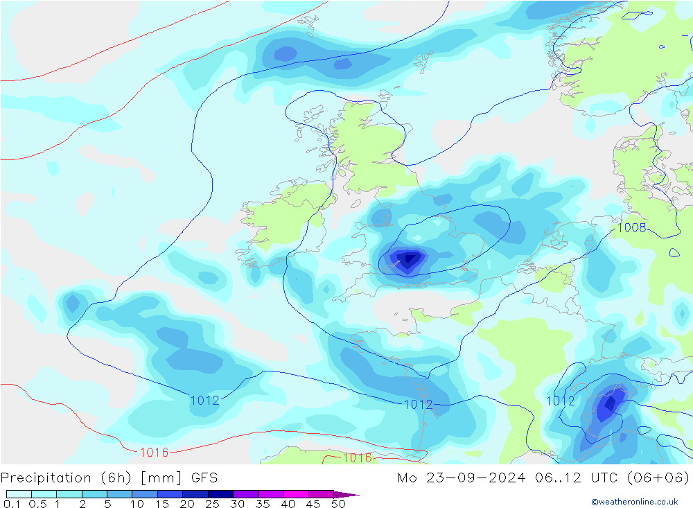 Precipitation (6h) GFS Mo 23.09.2024 12 UTC