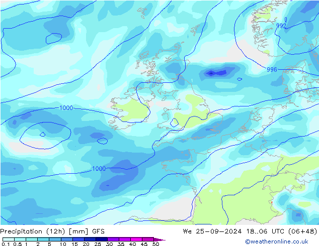 Precipitation (12h) GFS We 25.09.2024 06 UTC