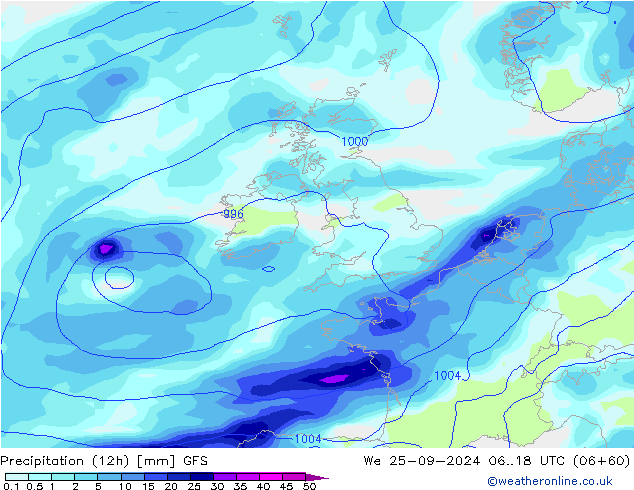 Precipitazione (12h) GFS mer 25.09.2024 18 UTC