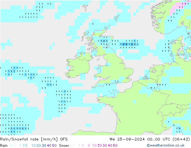 Rain/Snowfall rate GFS mer 25.09.2024 00 UTC