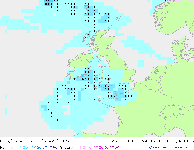 Rain/Snowfall rate GFS Po 30.09.2024 06 UTC