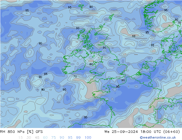 RH 850 hPa GFS We 25.09.2024 18 UTC