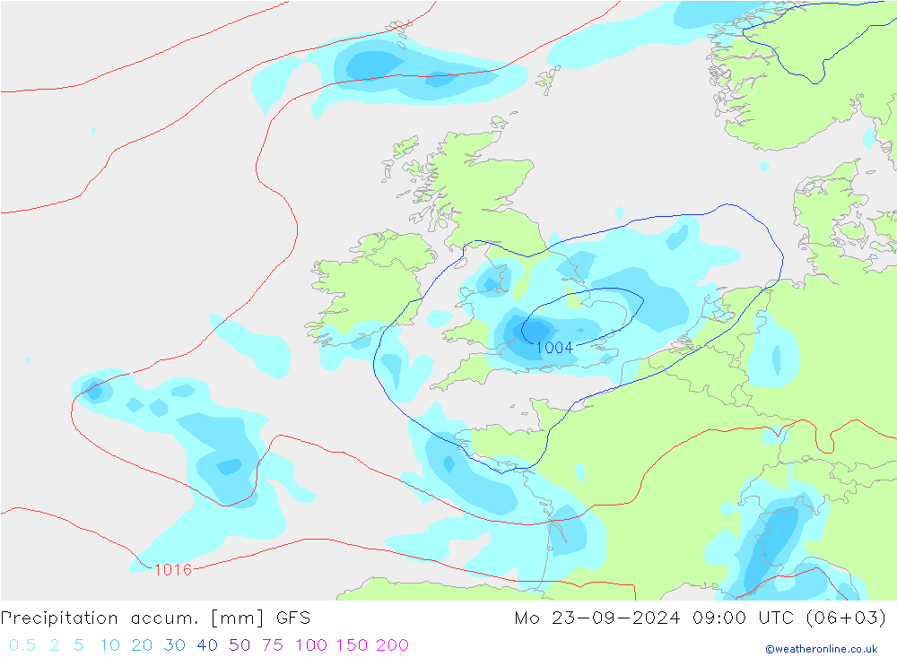 Totale neerslag GFS ma 23.09.2024 09 UTC