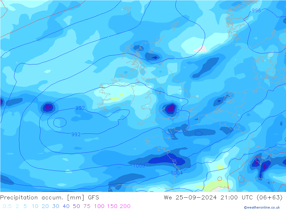 Totale neerslag GFS wo 25.09.2024 21 UTC