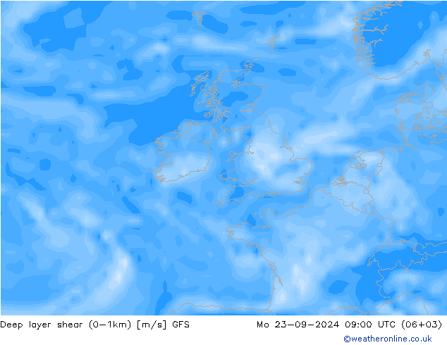 Deep layer shear (0-1km) GFS Mo 23.09.2024 09 UTC