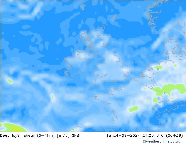 Deep layer shear (0-1km) GFS Tu 24.09.2024 21 UTC