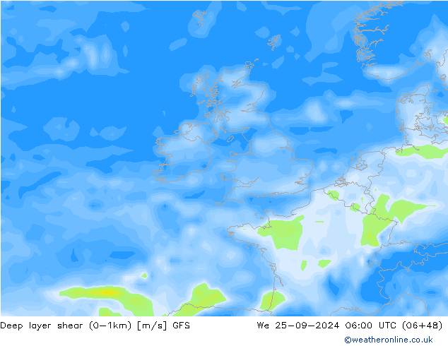 Deep layer shear (0-1km) GFS Çar 25.09.2024 06 UTC