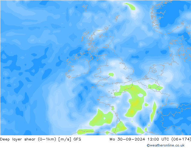 Deep layer shear (0-1km) GFS  30.09.2024 12 UTC