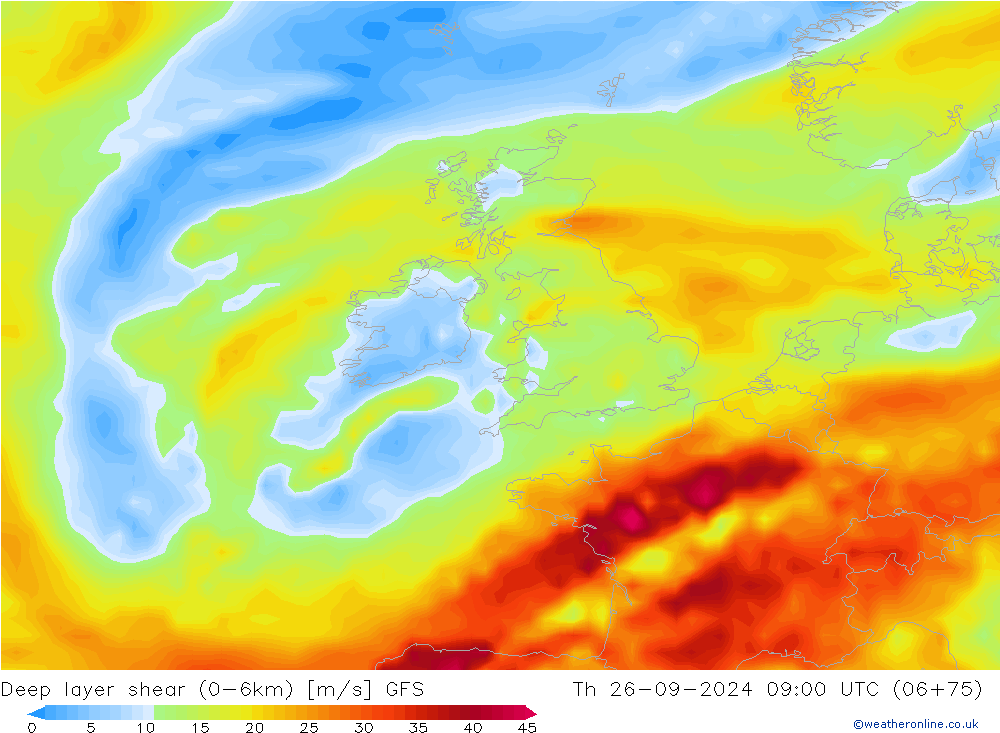 Deep layer shear (0-6km) GFS czw. 26.09.2024 09 UTC