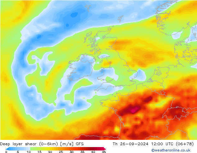 Deep layer shear (0-6km) GFS czw. 26.09.2024 12 UTC