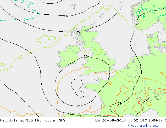 Height/Temp. 925 hPa GFS pon. 30.09.2024 12 UTC