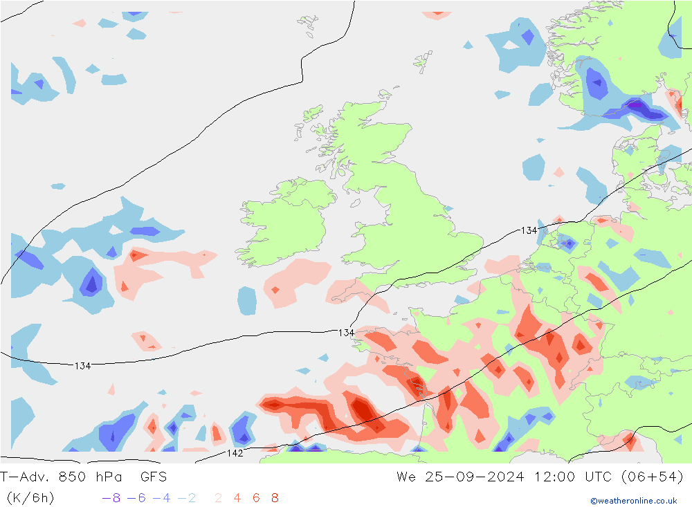 T-Adv. 850 hPa GFS mer 25.09.2024 12 UTC