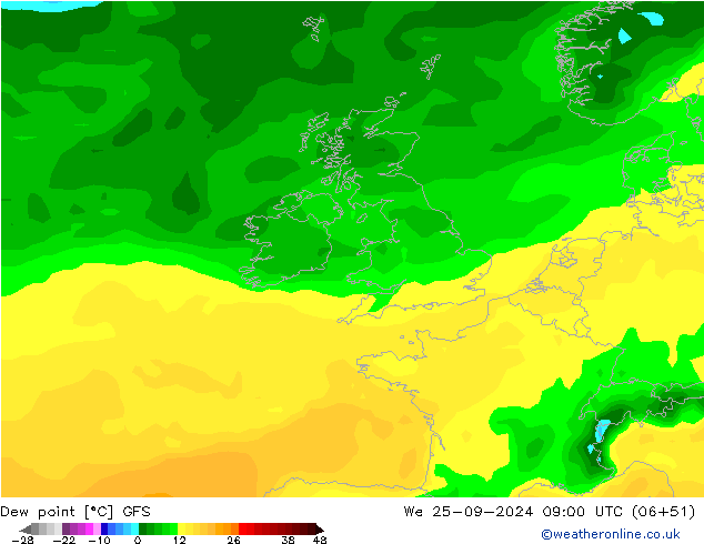 Dew point GFS We 25.09.2024 09 UTC