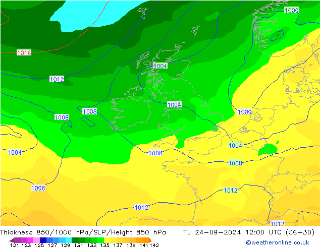 Thck 850-1000 гПа GFS вт 24.09.2024 12 UTC