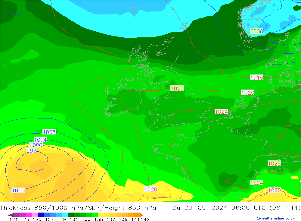 Thck 850-1000 hPa GFS Su 29.09.2024 06 UTC