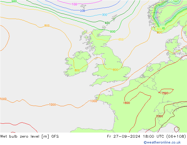 Wet bulb zero level GFS Fr 27.09.2024 18 UTC