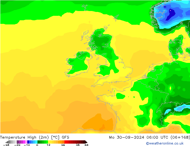 Max.temperatuur (2m) GFS ma 30.09.2024 06 UTC