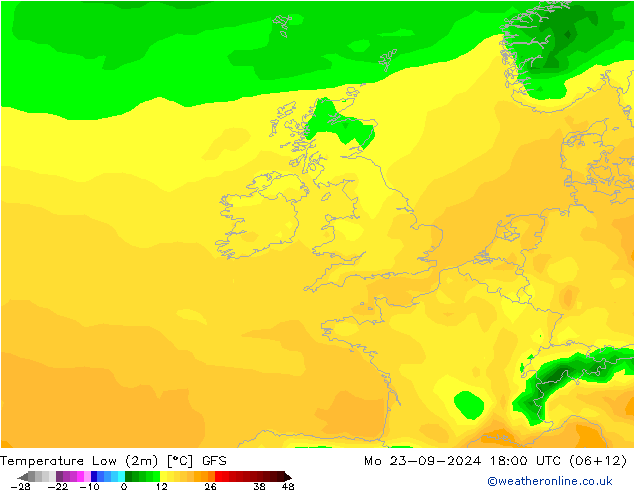 Temperature Low (2m) GFS Mo 23.09.2024 18 UTC