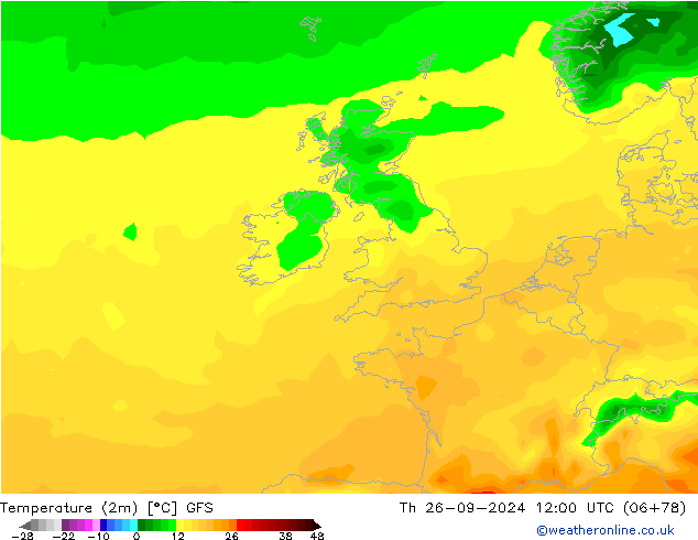 Temperature (2m) GFS Th 26.09.2024 12 UTC