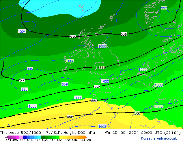 Thck 500-1000hPa GFS mer 25.09.2024 09 UTC