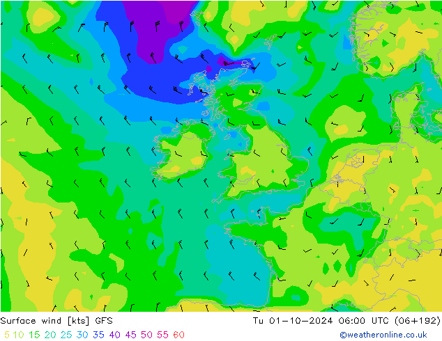 Viento 10 m GFS mar 01.10.2024 06 UTC