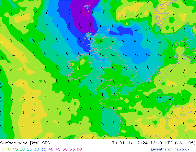 wiatr 10 m GFS wto. 01.10.2024 12 UTC