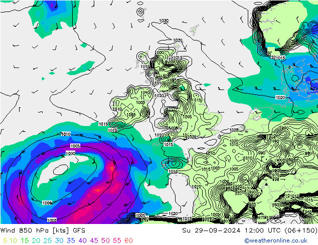 Rüzgar 850 hPa GFS Paz 29.09.2024 12 UTC