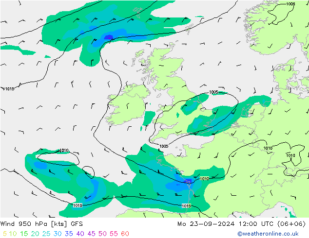 Prec 6h/Wind 10m/950 GFS Mo 23.09.2024 12 UTC