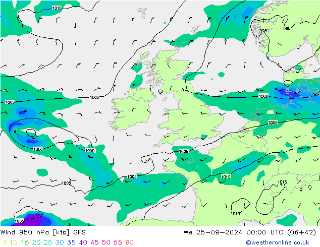 Vento 950 hPa GFS mer 25.09.2024 00 UTC