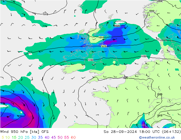 Vento 950 hPa GFS sab 28.09.2024 18 UTC