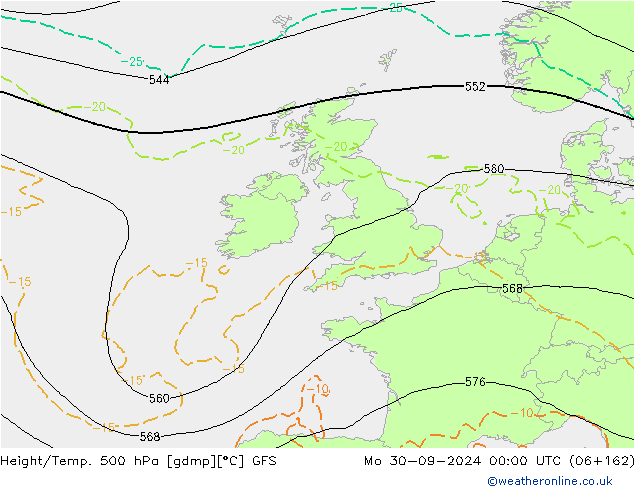 Height/Temp. 500 hPa GFS pon. 30.09.2024 00 UTC