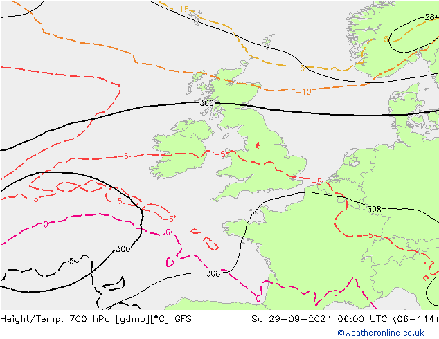 Height/Temp. 700 hPa GFS dom 29.09.2024 06 UTC