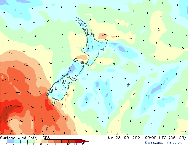 Viento 10 m (bft) GFS lun 23.09.2024 09 UTC