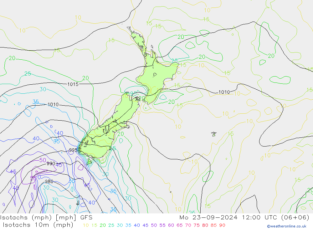 Isotachs (mph) GFS Mo 23.09.2024 12 UTC