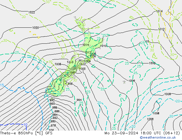 Theta-e 850hPa GFS lun 23.09.2024 18 UTC