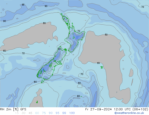 Humidité rel. 2m GFS ven 27.09.2024 12 UTC