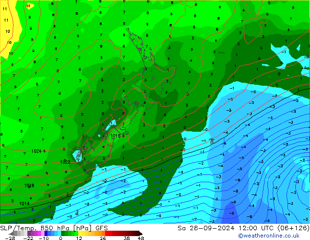 SLP/Temp. 850 hPa GFS Sa 28.09.2024 12 UTC