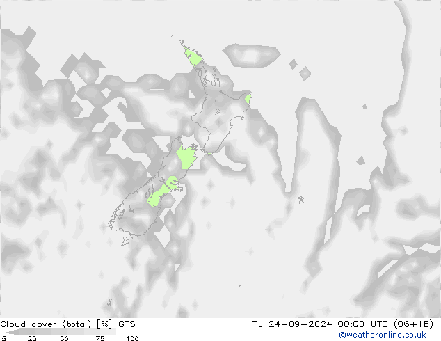 Cloud cover (total) GFS Tu 24.09.2024 00 UTC