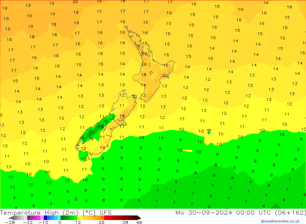 Temperature High (2m) GFS Mo 30.09.2024 00 UTC