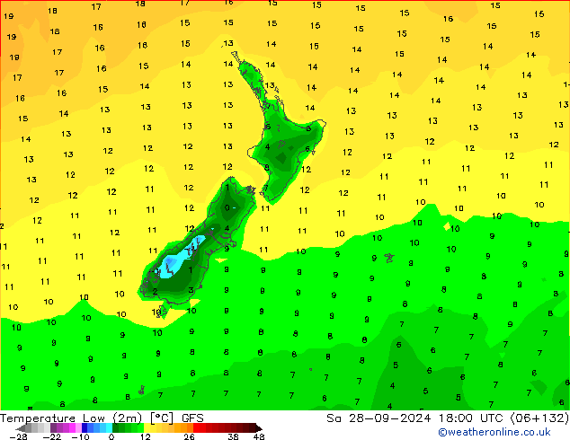 Temperature Low (2m) GFS Sa 28.09.2024 18 UTC