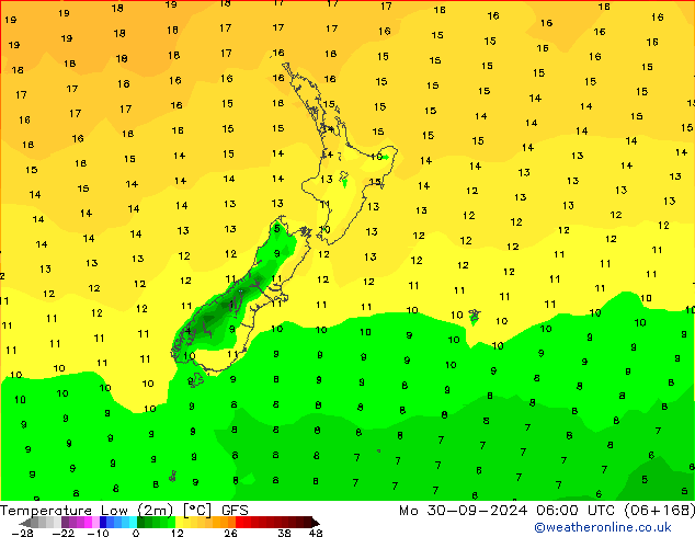 Temperature Low (2m) GFS Mo 30.09.2024 06 UTC