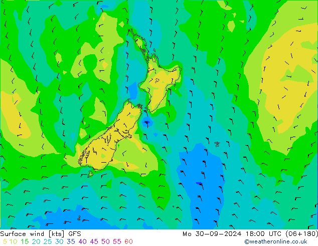 ветер 10 m GFS пн 30.09.2024 18 UTC