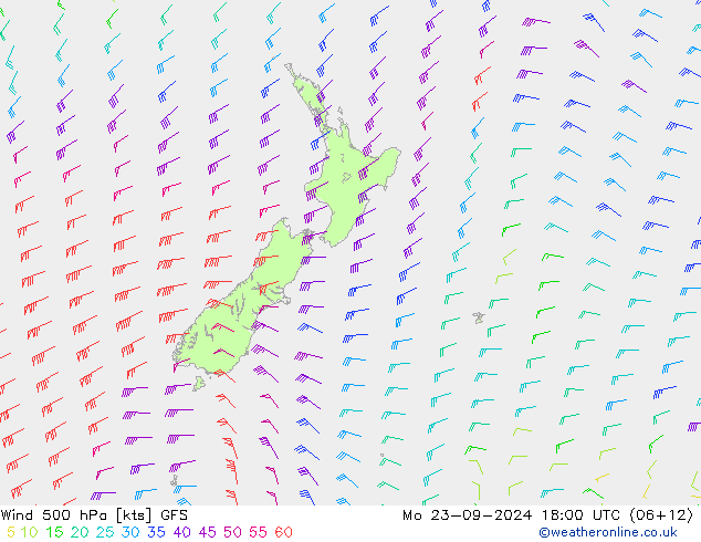 Viento 500 hPa GFS lun 23.09.2024 18 UTC